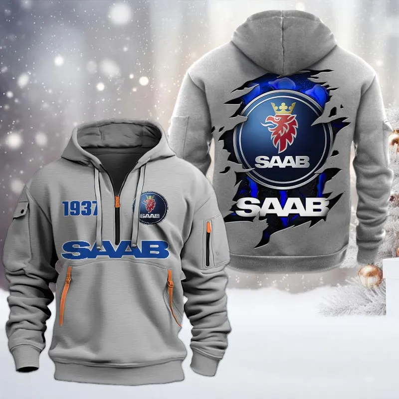 Saab Half Zip Hoodie, All Over Print Half Zip Hoodies For Men CAR198032734 - Gray