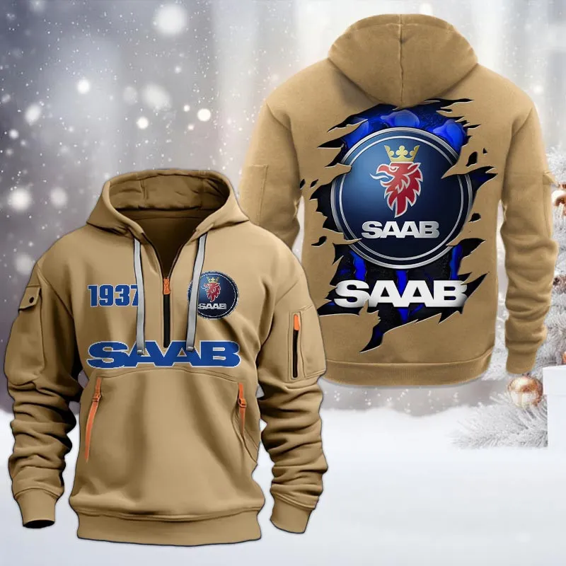 Saab Half Zip Hoodie, All Over Print Half Zip Hoodies For Men CAR198032734 - Khaki