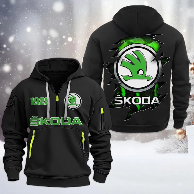 Skoda Half Zip Hoodie, All Over Print Half Zip Hoodies For Men CAR198032771 - Black