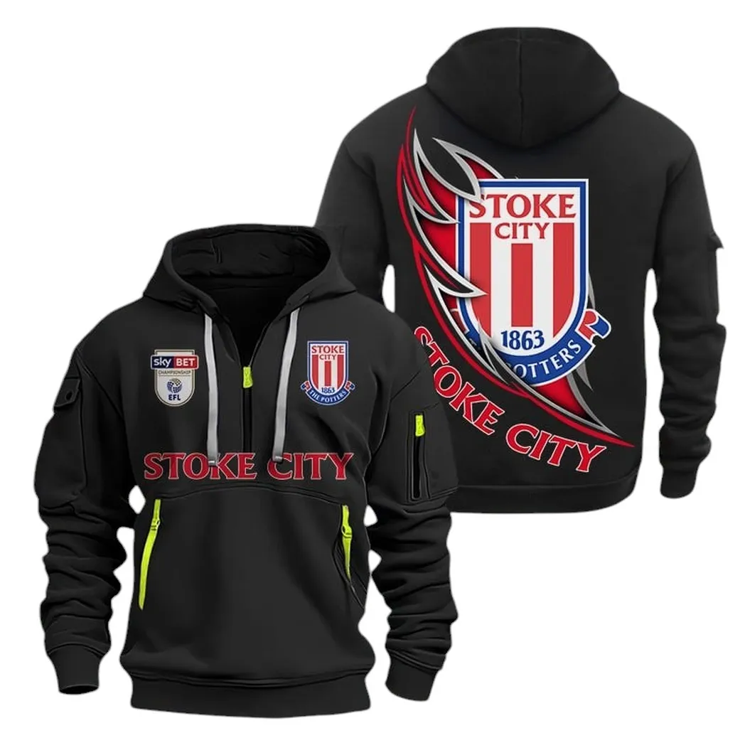 Stoke City Hoodie Half Zip, All Over Print Hoodie For Stoke City Fans EPL27042525149 - Black
