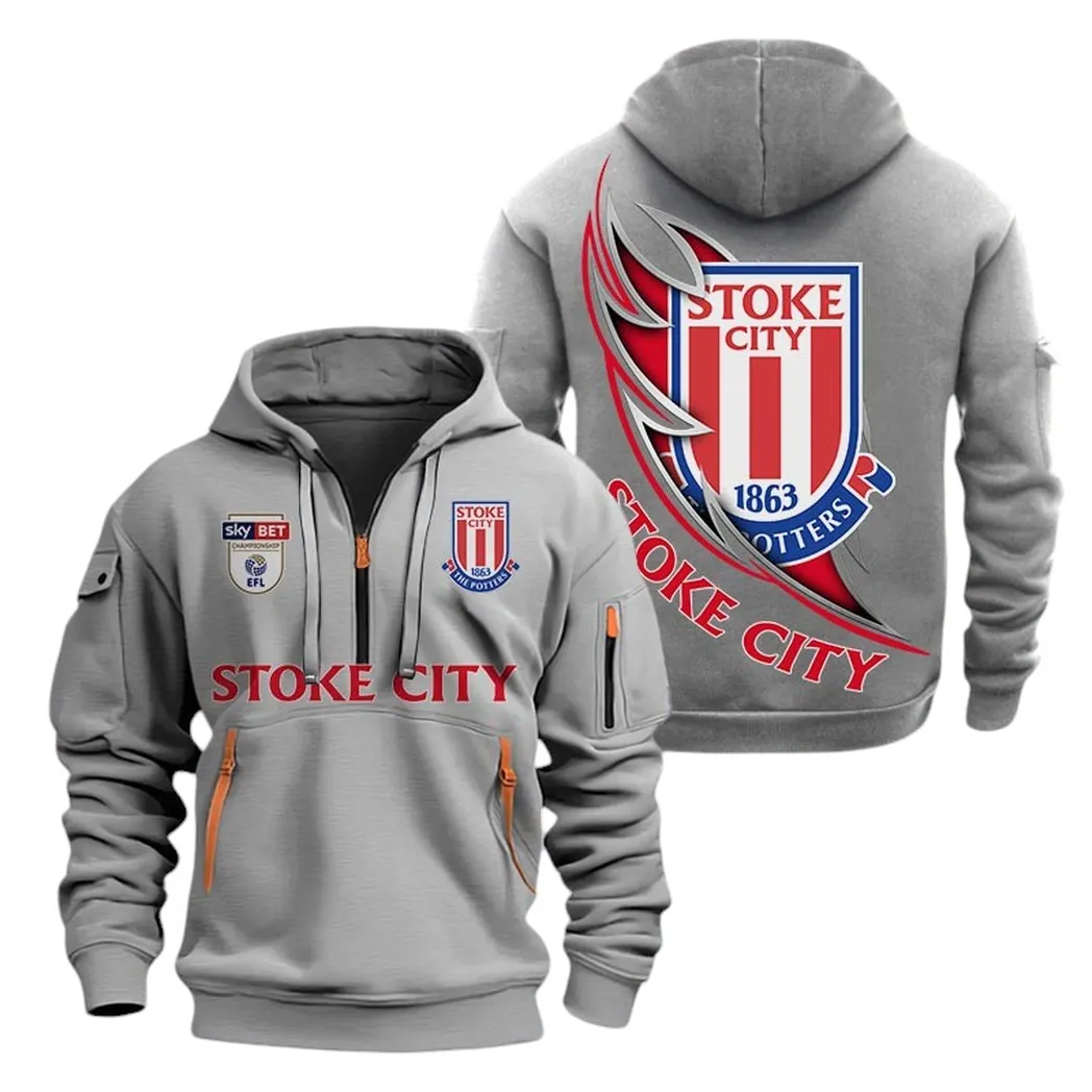 Stoke City Hoodie Half Zip, All Over Print Hoodie For Stoke City Fans EPL27042525149 - Gray