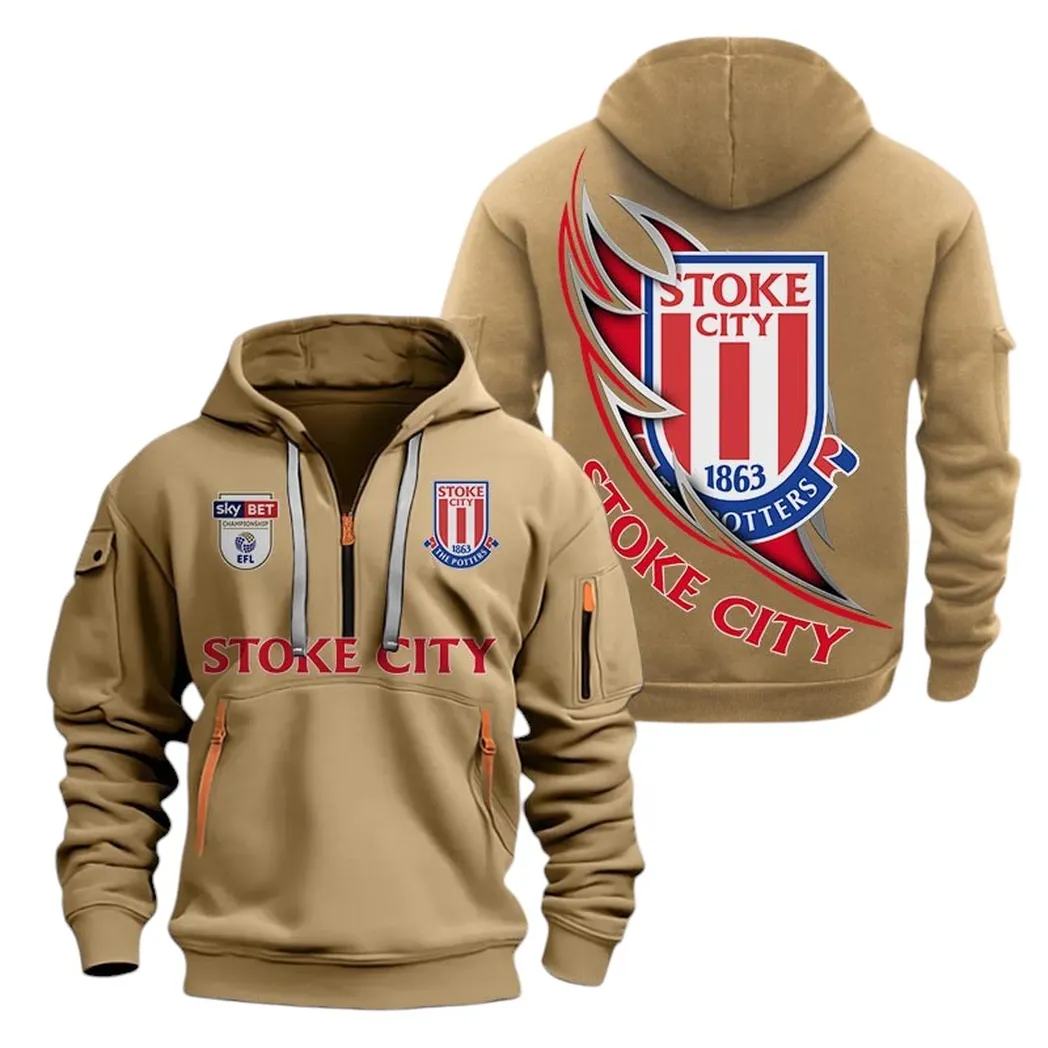 Stoke City Hoodie Half Zip, All Over Print Hoodie For Stoke City Fans EPL27042525149 - Khaki