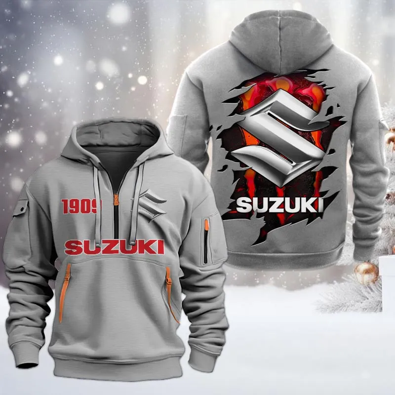 Suzuki Half Zip Hoodie, All Over Print Half Zip Hoodies For Men CAR198032733 - Gray