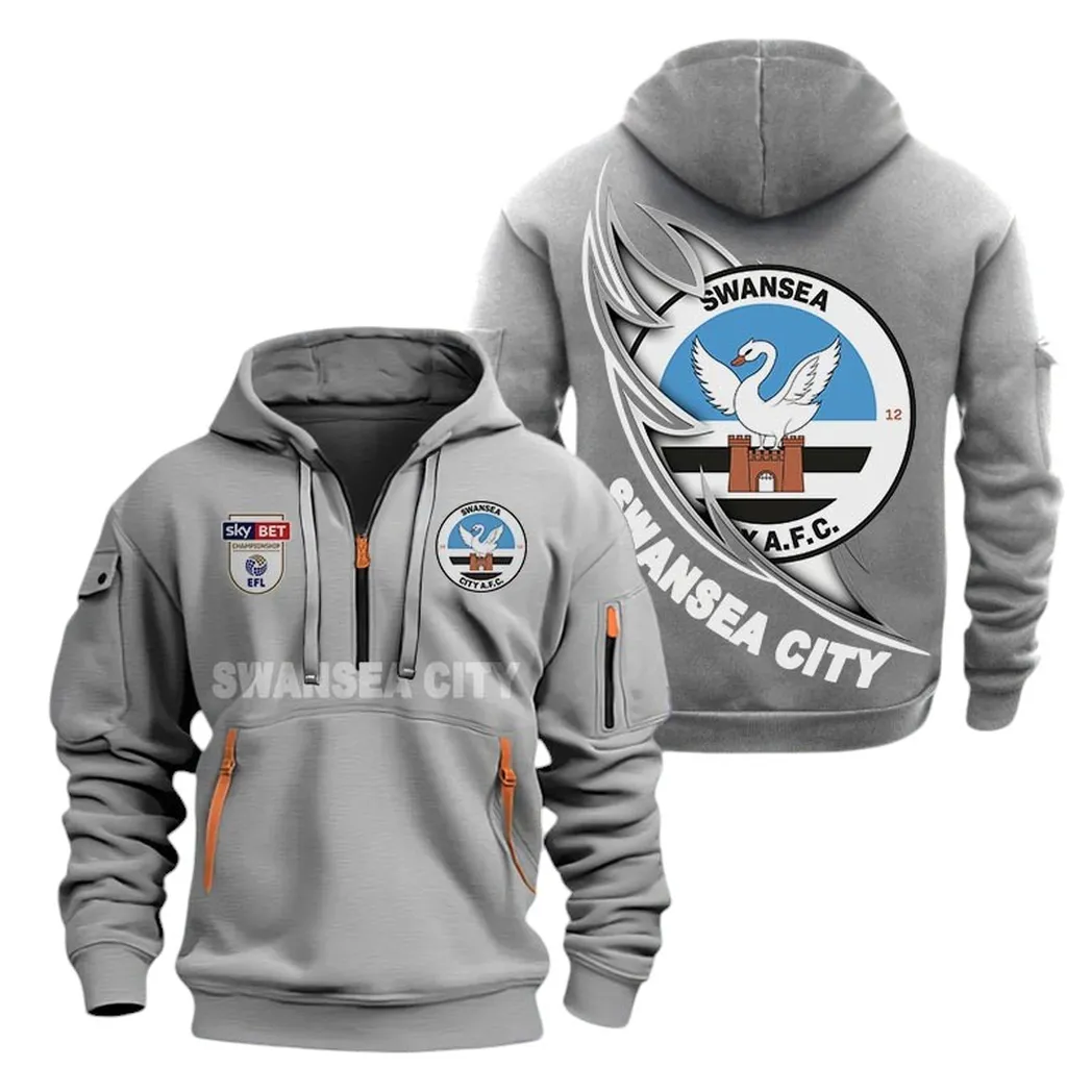 Swansea City Hoodie Half Zip, All Over Print Hoodie For Swansea City Fans EPL27042525143 - Gray