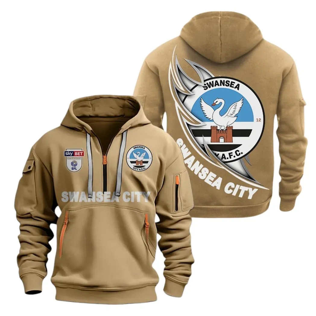 Swansea City Hoodie Half Zip, All Over Print Hoodie For Swansea City Fans EPL27042525143 - Khaki