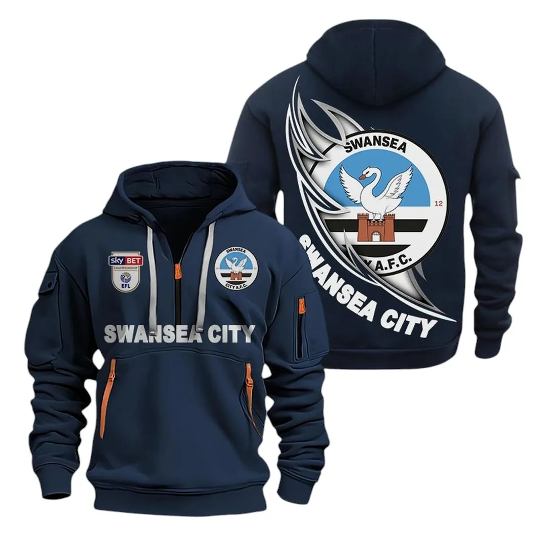 Swansea City Hoodie Half Zip, All Over Print Hoodie For Swansea City Fans EPL27042525143 - Navy