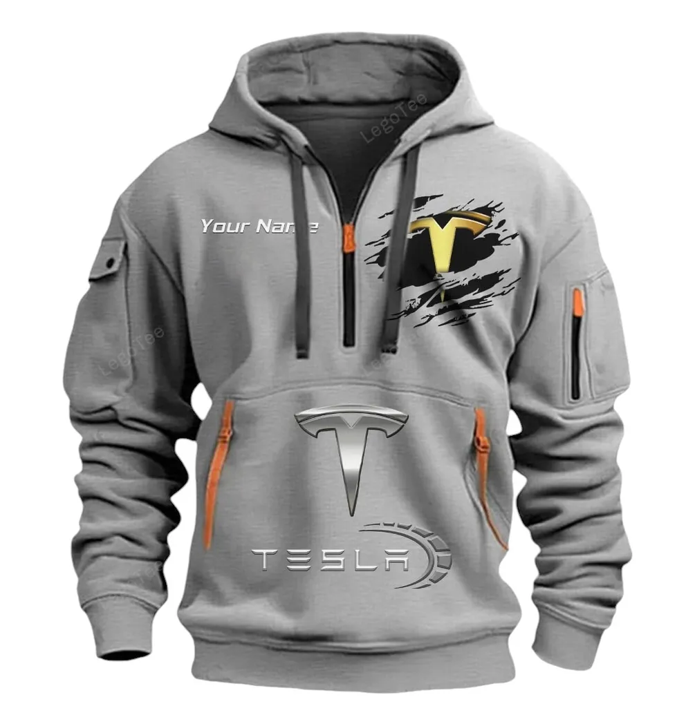 Tesla Half Zip Hoodie CAR113021425841, Best Gift for Him, Husband, Boyfriend - Gray