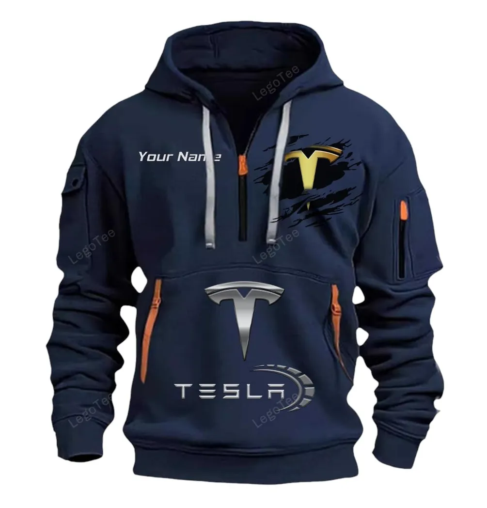 Tesla Half Zip Hoodie CAR113021425841, Best Gift for Him, Husband, Boyfriend - Navy