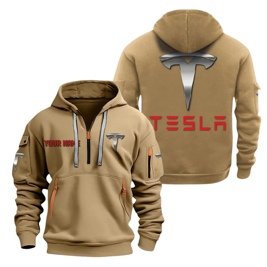 Tesla Half Zip Hoodie For Men, Gift For Tesla Lovers CAR20022125718 - Khaki