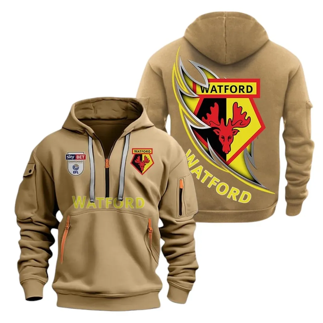 Watford Hoodie Half Zip, All Over Print Hoodie For Watford Fans EPL27042525141 - Khaki