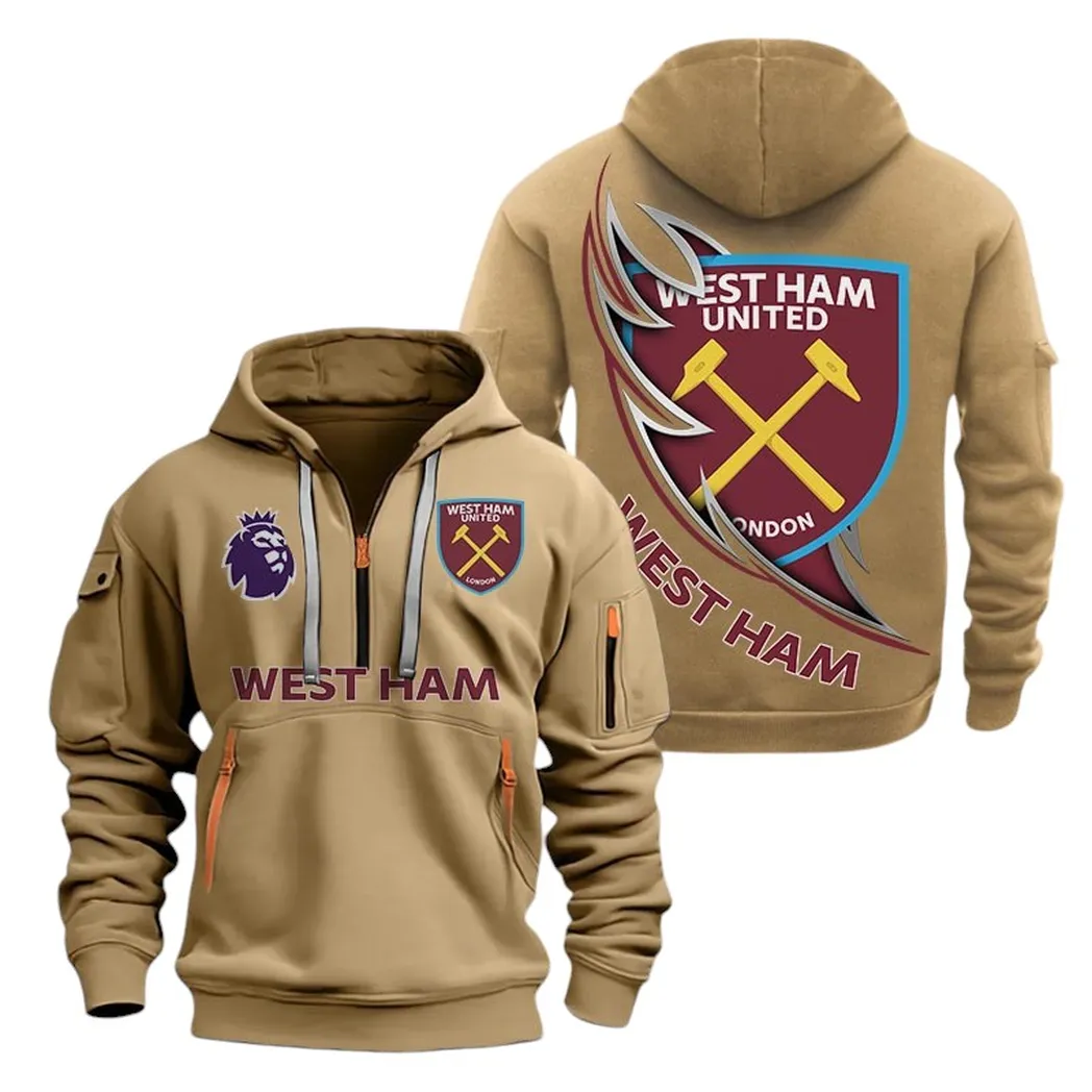 West Ham United Hoodie Half Zip, All Over Print Hoodie For West Ham United Fans EPL27042525146 - Khaki