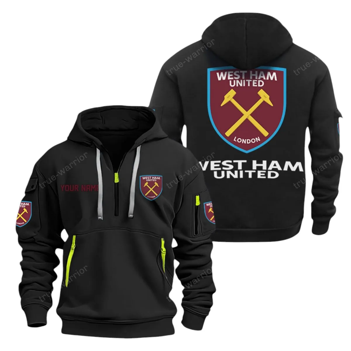 West Ham United Hoodie Half Zip, All Over Print Hoodie For West Ham United Fans EPL28042525900 - Black