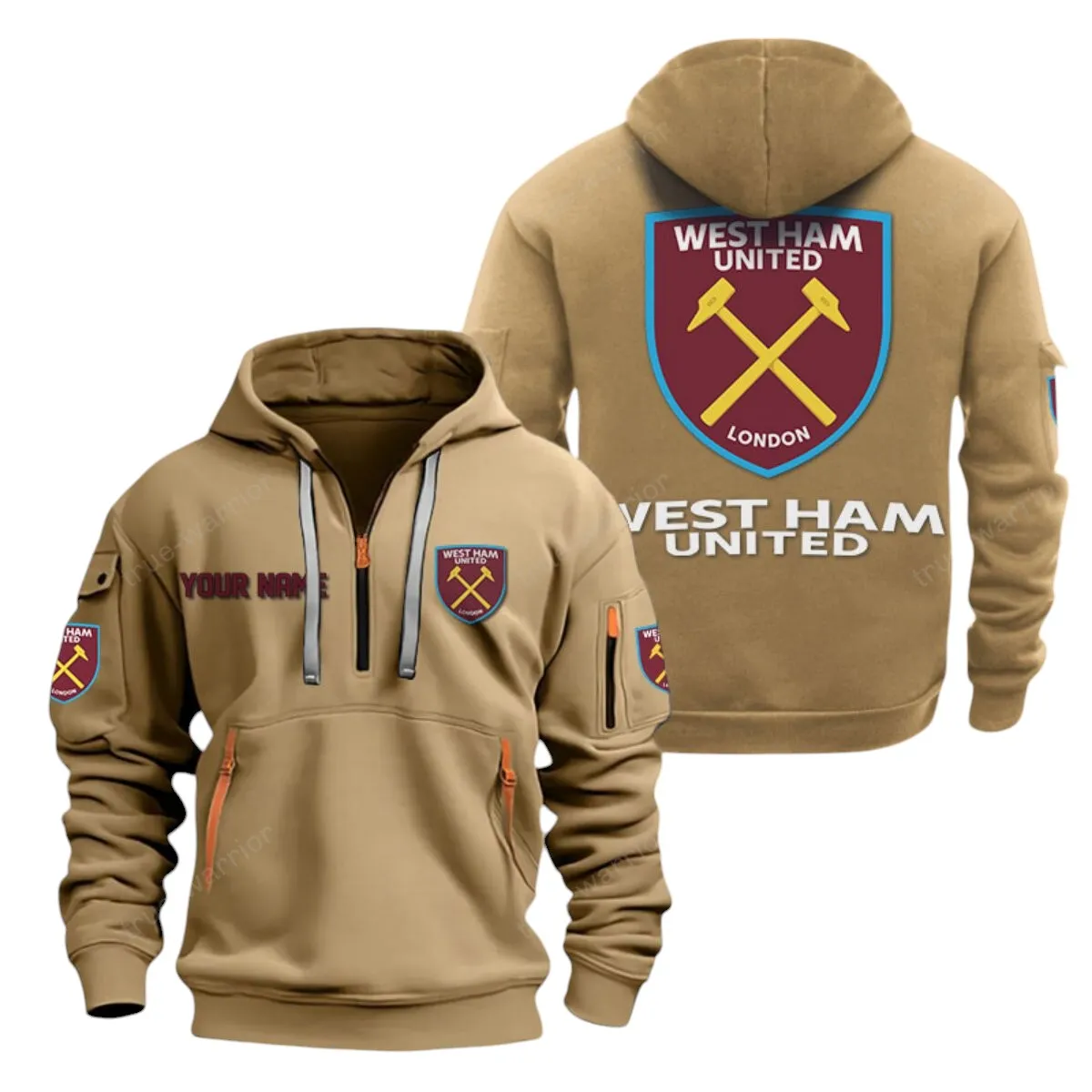 West Ham United Hoodie Half Zip, All Over Print Hoodie For West Ham United Fans EPL28042525900 - Khaki