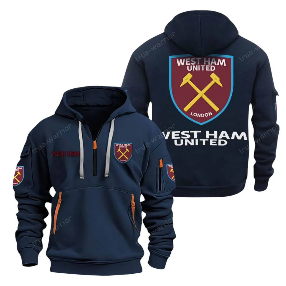 West Ham United Hoodie Half Zip, All Over Print Hoodie For West Ham United Fans EPL28042525900 - Navy