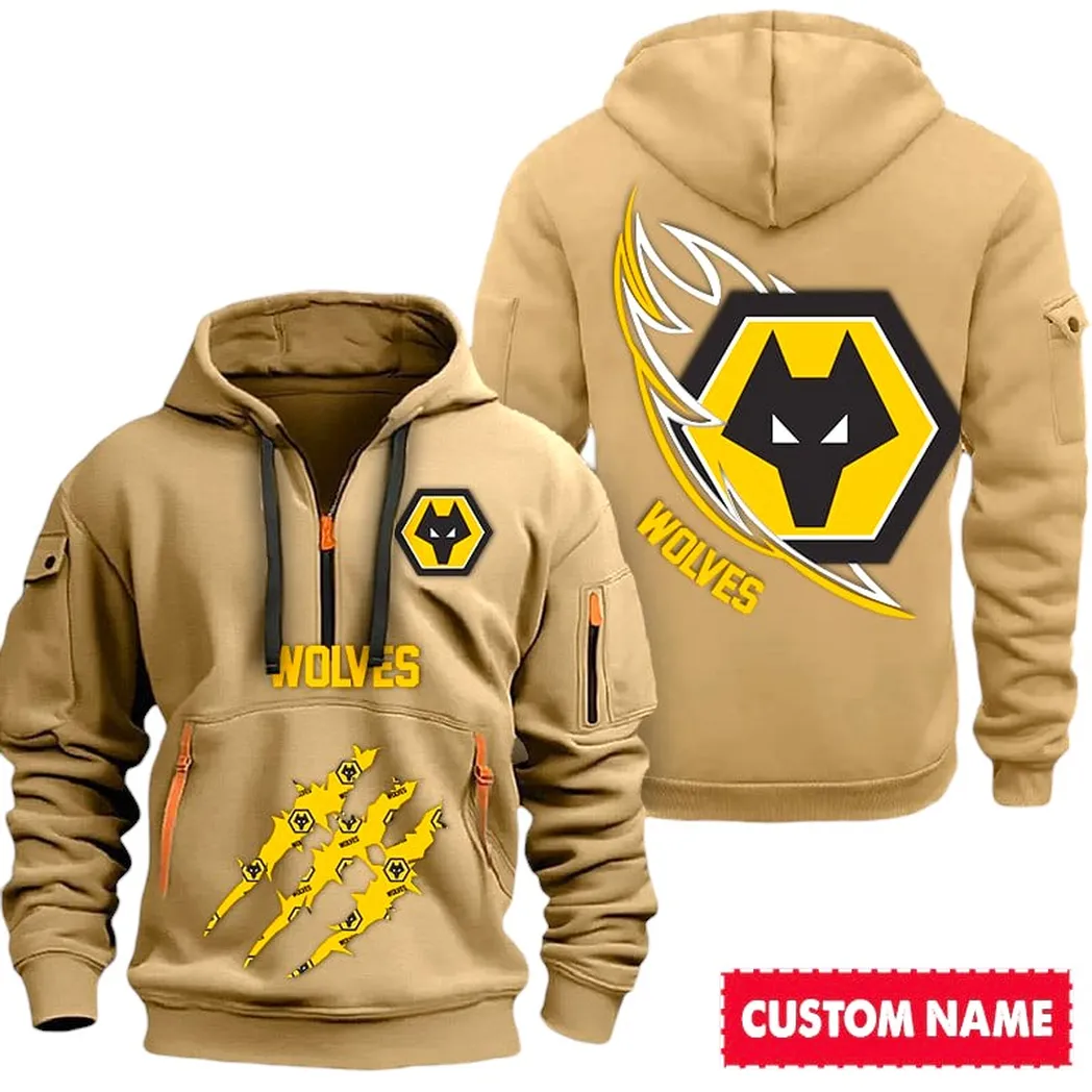 Wolverhampton Wanderers EPL Hoodie Half Zipp SPO0120020, Gift For Fan Wolverhampton Wanderers - Khaki