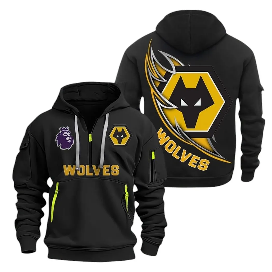 Wolverhampton Wanderers Hoodie Half Zip, All Over Print Hoodie For Wolverhampton Wanderers Fans EPL27042525124 - Black