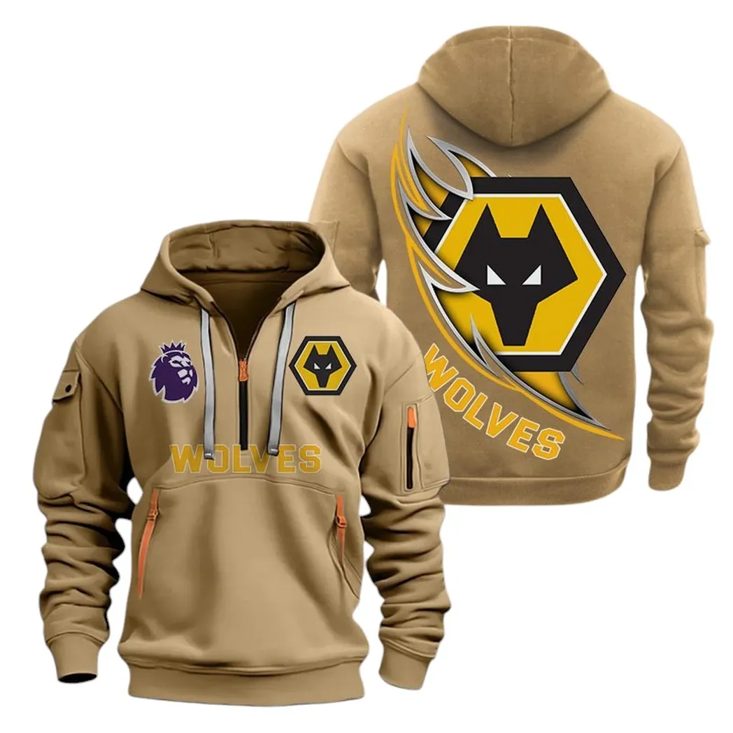 Wolverhampton Wanderers Hoodie Half Zip, All Over Print Hoodie For Wolverhampton Wanderers Fans EPL27042525124 - Khaki