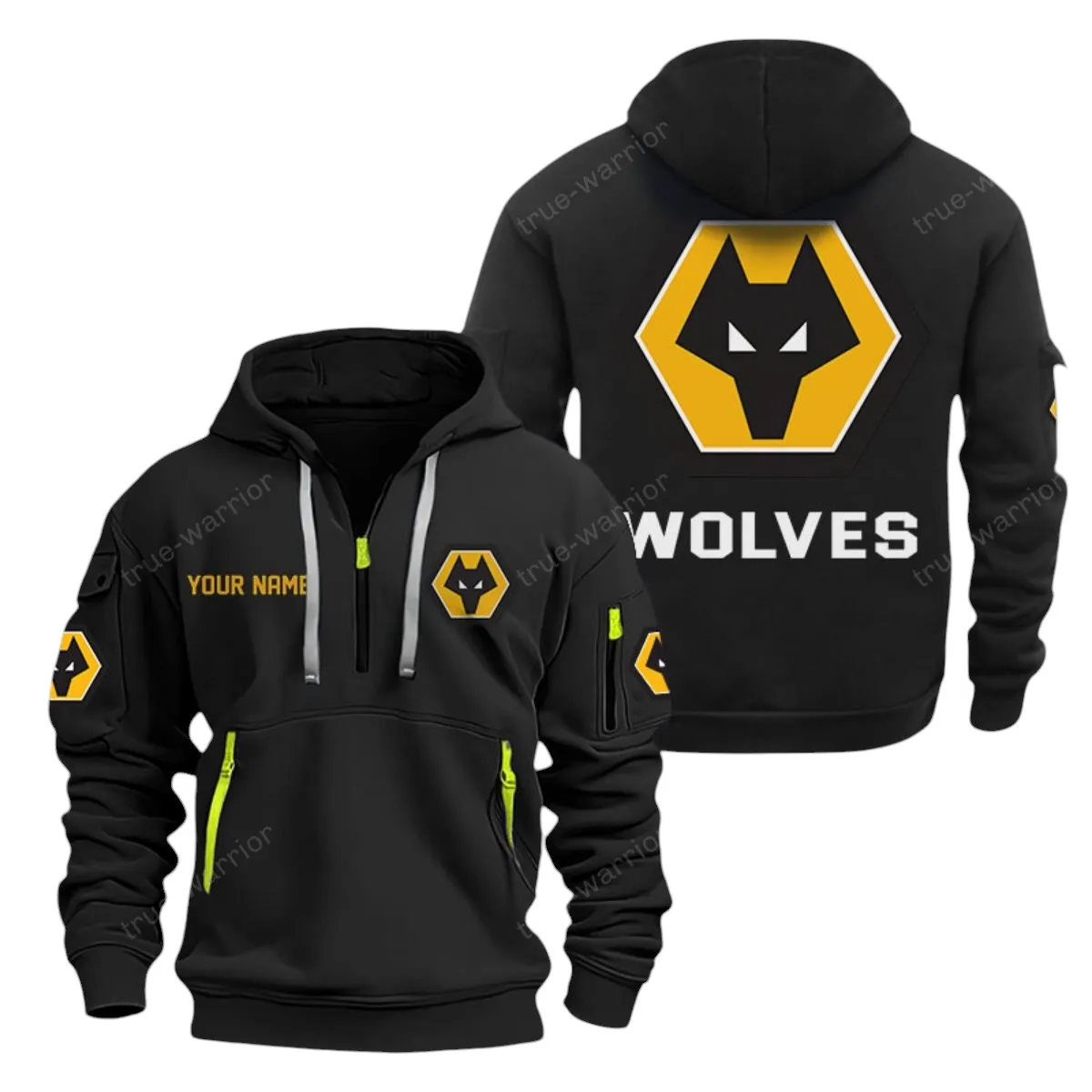 Wolverhampton Wanderers Hoodie Half Zip, All Over Print Hoodie For Wolverhampton Wanderers Fans EPL28042525890 - Black
