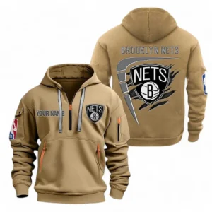 Brooklyn Nets NBA Hoodie Half Zipper NBA07010224890, Gift For Fan Brooklyn Nets - Khaki