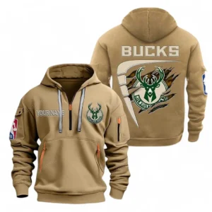Milwaukee Bucks NBA Hoodie Half Zipper NBA07010224904, Gift For Fan Milwaukee Bucks - Khaki