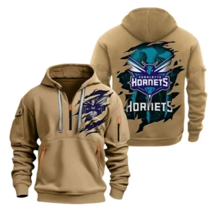 Charlotte Hornets Hoodie Half  Zipper NBA56180125017 - Gift For Fan Charlotte Hornets - Khaki
