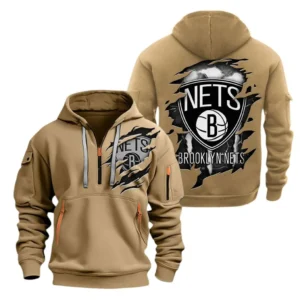 Brooklyn Nets Hoodie Half Zipper NBA56180125022 - Gift For Fan Brooklyn Nets - Khaki
