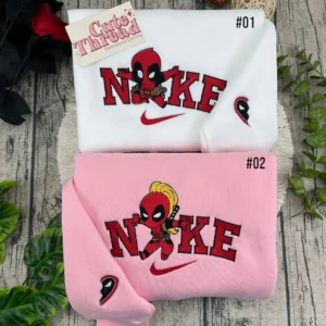 Deadpool Couple Chibi x Nike Embroidered Shirt, Embroidered Sweatshirt Fashion Style For Couples