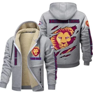Brisbane Lions Fans Gift Lamb Fleece Thick Coat, All Over Print Thick Coat For Sport Fan, Custom Name AFL145071825131 - Light gray