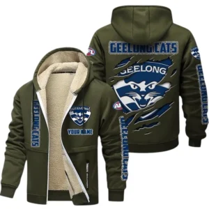 Geelong Cats Fans Gift Lamb Fleece Thick Coat, All Over Print Thick Coat For Sport Fan, Custom Name AFL145071825135 - Army Green