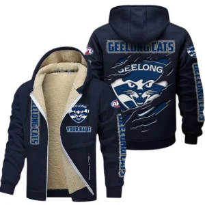 Geelong Cats Fans Gift Lamb Fleece Thick Coat, All Over Print Thick Coat For Sport Fan, Custom Name AFL145071825135 - Navy blue