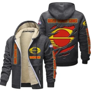 Gold Coast Suns Fans Gift Lamb Fleece Thick Coat, All Over Print Thick Coat For Sport Fan, Custom Name AFL145071825140 - Dark gray