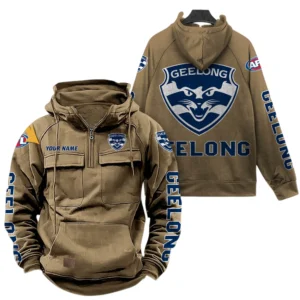 Geelong Cats Fans Gift Tactical Quarter Zip Hoodie, All Over Print Hoodie For Sport Fan, Custom Name AFL150071825125 - Khaki