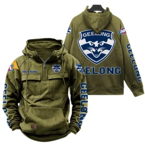 Geelong Cats Fans Gift Tactical Quarter Zip Hoodie, All Over Print Hoodie For Sport Fan, Custom Name AFL150071825125 - Army Green