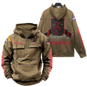 Essendon Fans Gift Tactical Quarter Zip Hoodie, All Over Print Hoodie For Sport Fan, Custom Name AFL150071825126 - Khaki