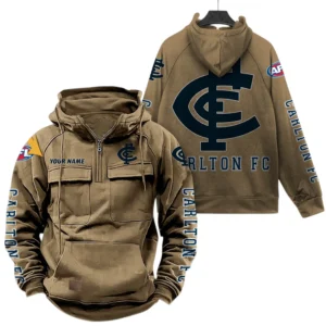 Carlton Fans Gift Tactical Quarter Zip Hoodie, All Over Print Hoodie For Sport Fan, Custom Name AFL150071825136 - Khaki