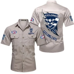 Geelong Cats Fans Gift Short Sleeved Shirt, All Over Print Shỉt For Sport Fan, Custom Name AFL155071425134 - Beige