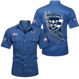 Geelong Cats Fans Gift Short Sleeved Shirt, All Over Print Shỉt For Sport Fan, Custom Name AFL155071425134 - Cowboy Blue