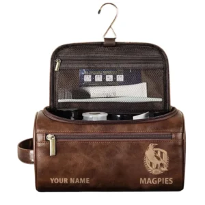 Collingwood Fans Gift Leather Toiletry Bag, All Over Print Leather Toiletry Bag For Sport Fan, Custom Name AFL156071525125 - Dark Brown