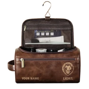 Brisbane Lions Fans Gift Leather Toiletry Bag, All Over Print Leather Toiletry Bag For Sport Fan, Custom Name AFL156071525133 - Dark Brown