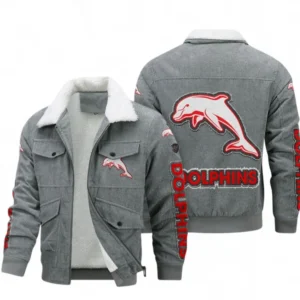 Dolphins Thickened Corduroy Jacket, All Over Print Thickened Corduroy Jacket For Sport Fan NRL103072425684-Gray