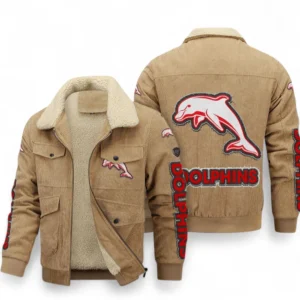Dolphins Thickened Corduroy Jacket, All Over Print Thickened Corduroy Jacket For Sport Fan NRL103072425684-Khaki