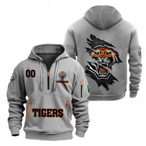 Wests Tigers Fans Gift Hoodie Half Zipper, All Over Print Hoodie Half Zipper For Sport Fan, Custom Name NRL170071525333-Grey