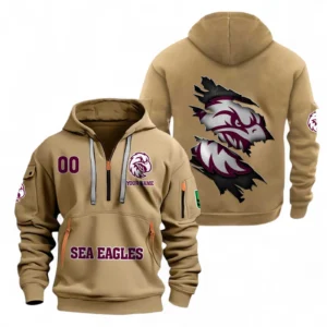 Manly Warringah Sea Eagles Fans Gift Hoodie Half Zipper, All Over Print Hoodie Half Zipper For Sport Fan, Custom Name NRL170071525337-Khaki