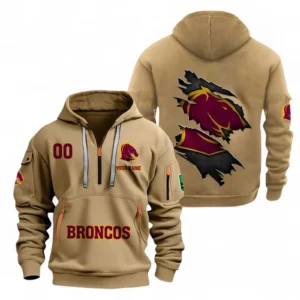 Brisbane Broncos Fans Gift Hoodie Half Zipper, All Over Print Hoodie Half Zipper For Sport Fan, Custom Name NRL170071525341-Khaki