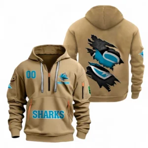 Cronulla Sharks Fans Gift Hoodie Half Zipper, All Over Print Hoodie Half Zipper For Sport Fan, Custom Name NRL170071525343-Khaki
