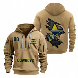 North Queensland Cowboys Fans Gift Hoodie Half Zipper, All Over Print Hoodie Half Zipper For Sport Fan, Custom Name NRL170071525344-Khaki