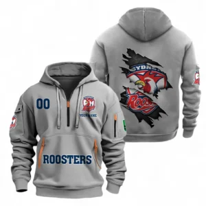 Sydney Roosters Fans Gift Hoodie Half Zipper, All Over Print Hoodie Half Zipper For Sport Fan, Custom Name NRL170071525348-Grey