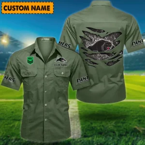 Penrith Panthers Fans Gift Short Sleeved Shirt, All Over Print Short Sleeved Shirt For Sport Fan, Custom Name NRL171071625555-Army Green