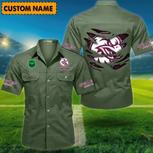 Manly Warringah Sea Eagles Fans Gift Short Sleeved Shirt, All Over Print Short Sleeved Shirt For Sport Fan, Custom Name NRL171071625557-Army Green