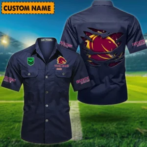 Brisbane Broncos Fans Gift Short Sleeved Shirt, All Over Print Short Sleeved Shirt For Sport Fan, Custom Name NRL171071625558-Dark Blue